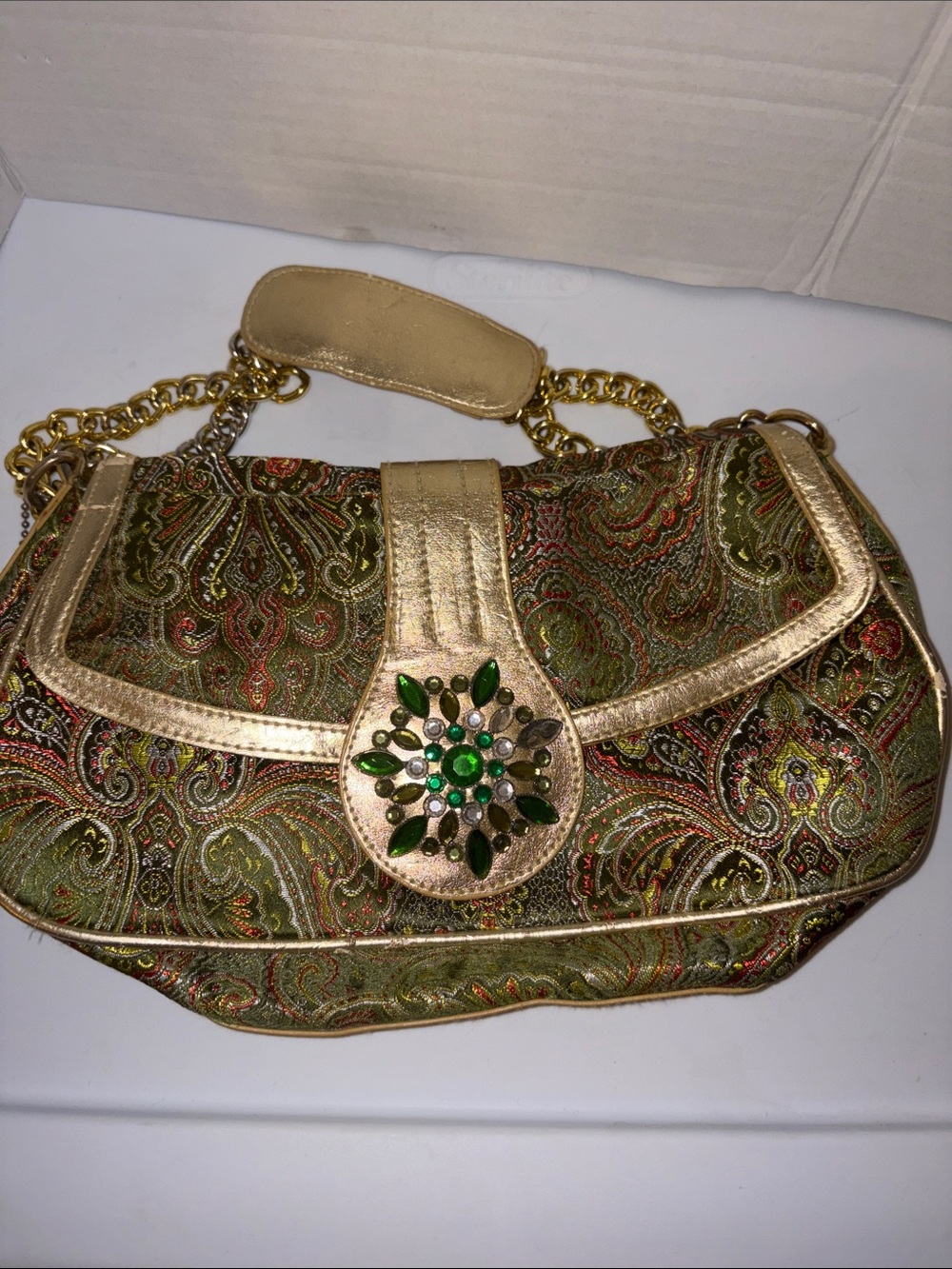 Lulu's Gold-Trim Green Paisley Shoulder Bag with Gemmed Medallion